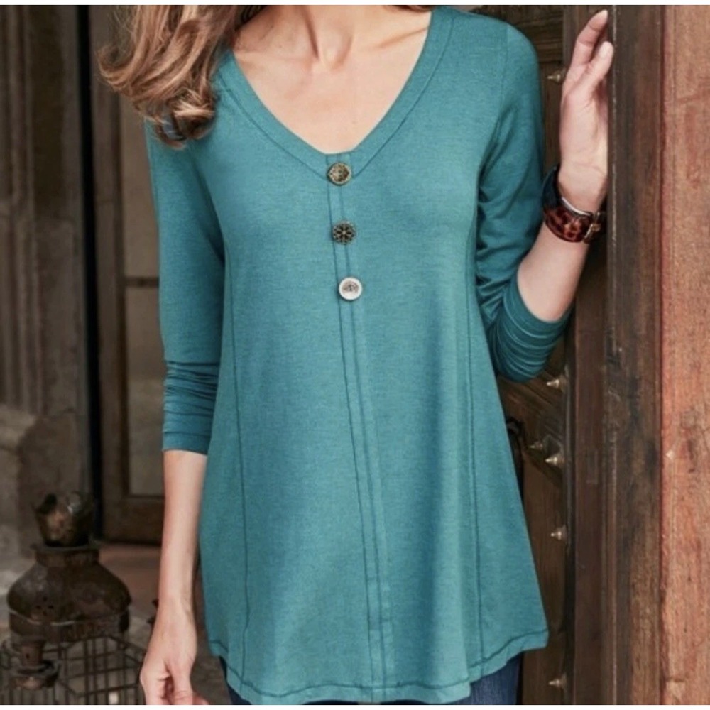 Soft Surroundings Tunic Size 1X Top Teal Green Button Detail Lagenlook Coastal